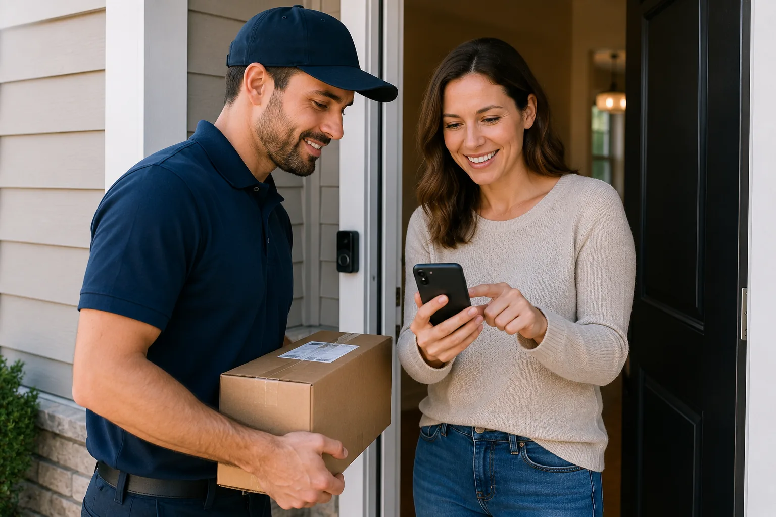 A friendly delivery driver showing a package while a neighbor uses the Gopher app at her front door